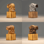 Vier kleine Karl-Marx-Miniaturen in verschiedenen Metallic-Farben auf Holzsockel, handgefertigt als Chemnitz Geschenkartikel und Merchandise, in mehreren Größen erhältlich.