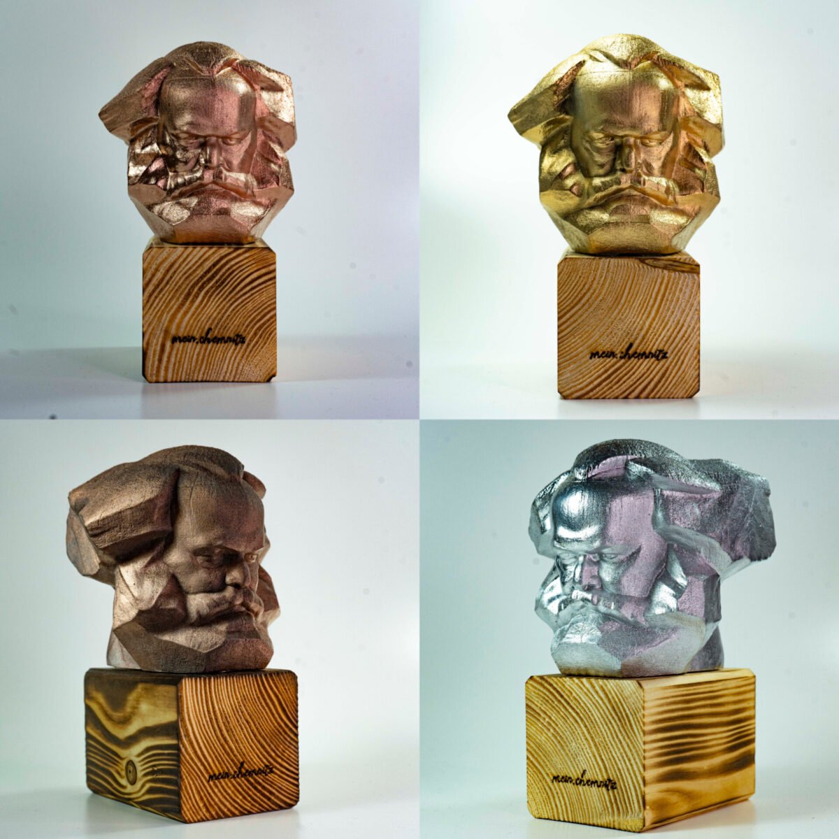 Karl-Marx-Monument als kleine Deko-Statue aus Holz – Souvenir zur Kulturhauptstadt Chemnitz 2025.