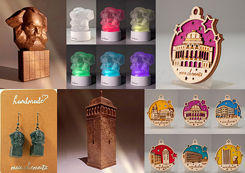 Collage mit verschiedenen Chemnitzer Merchandise- und Geschenkartikeln: 3D-Lampen, Holzornamente mit Stadtmotiven, Roter-Turm-Modell, Ohrschmuck und weitere handgefertigte Souvenirs.