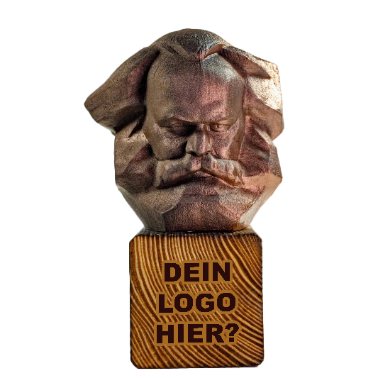 Personalisierbarer Magnet mit Karl-Marx-Motiv und freier Fläche für ein eigenes Logo oder Branding, ideal als individuelles Werbegeschenk.