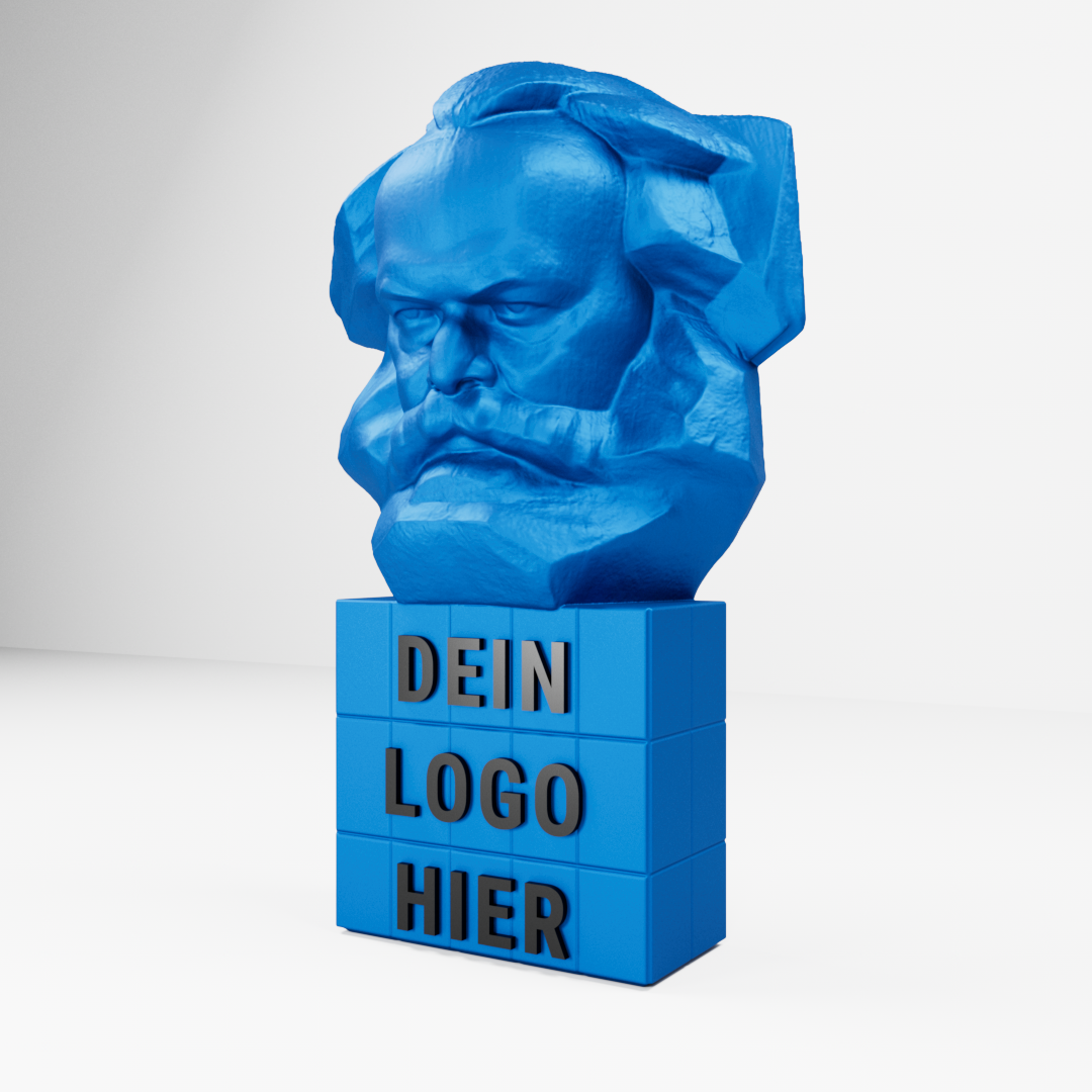 Personalisiertes Karl Marx Monument in verschiedenen Farben für Firmen – mit eigenem Logo auf dem Sockel.