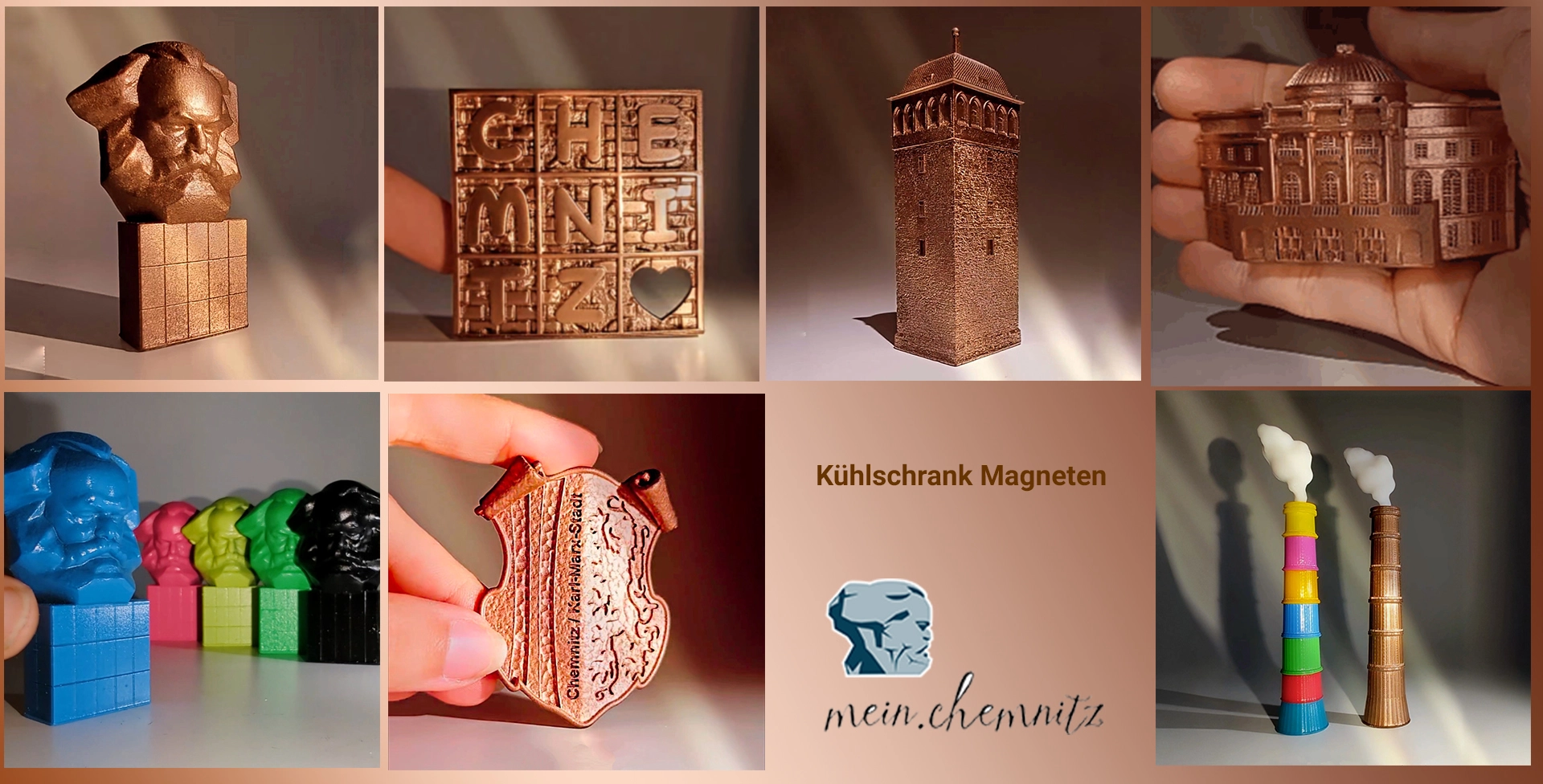 Kühlschrankmagnete mit Wahrzeichen von Chemnitz – Souvenir-Magnete mit Karl-Marx-Monument, Rotem Turm und Chemnitzer Motiven